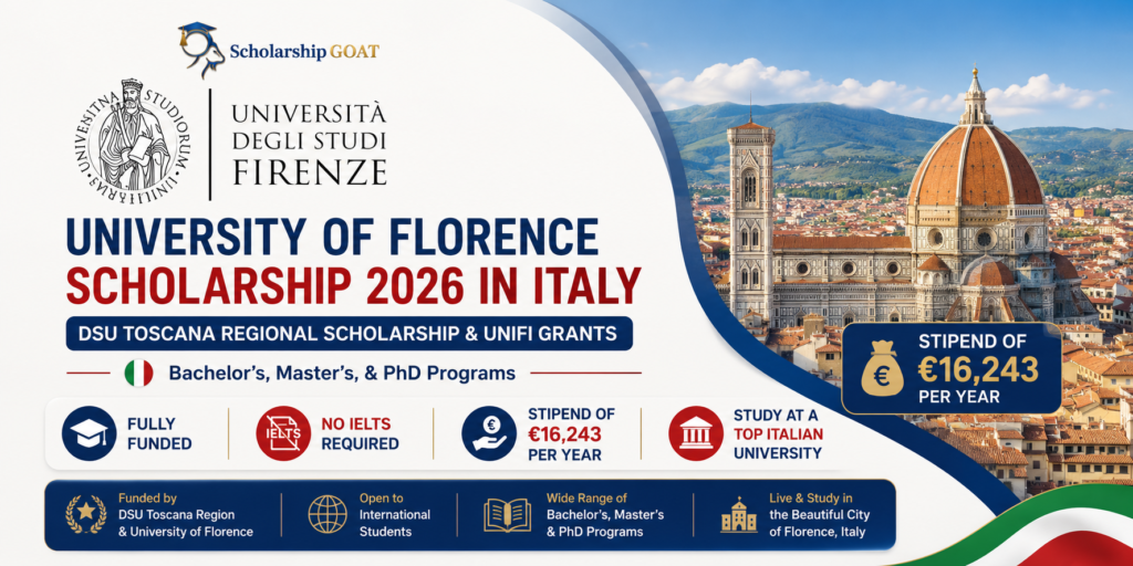 University of Florence Scholarship 2026: Fully Funded (No IELTS Required) 1 Official banner for the University of Florence Scholarship 2026 in Italy by Scholarship GOAT, highlighting the fully funded DSU Toscana Regional Scholarship and UNIFI grants for Bachelor's, Master's, and PhD programs with no IELTS required and an annual stipend up to 16,243 Euros.