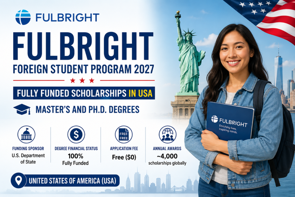 Fulbright Foreign Program 2027: Fully Funded Scholarships in USA 1 Fulbright Foreign Student Program 2027 fully funded scholarships in USA banner featuring a student with the Statue of Liberty and American flag.
