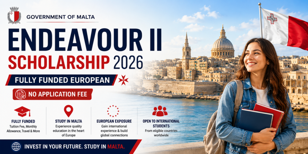 Malta Government ENDEAVOUR II Scholarship 2026: Fully Funded European Opportunity. 1 Malta Government ENDEAVOUR II Scholarship 2026 fully funded European Union program for international students banner.