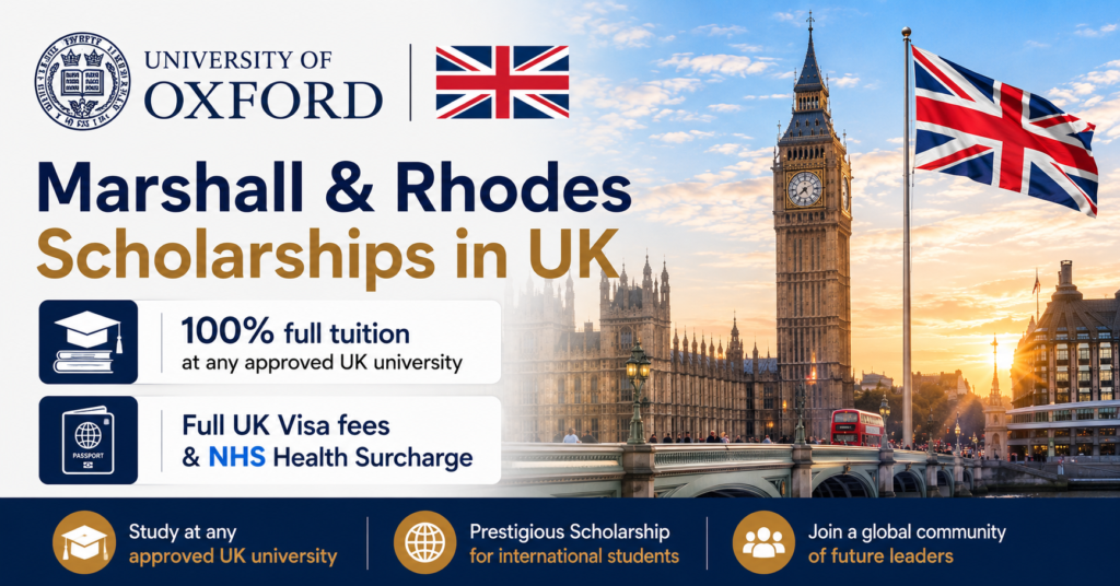 How to Win a Marshall & Rhodes Scholarships: The Ultimate Fully Funded UK Guide 1 Info banner for Marshall & Rhodes Scholarships in UK showing University of Oxford logo and Big Ben.