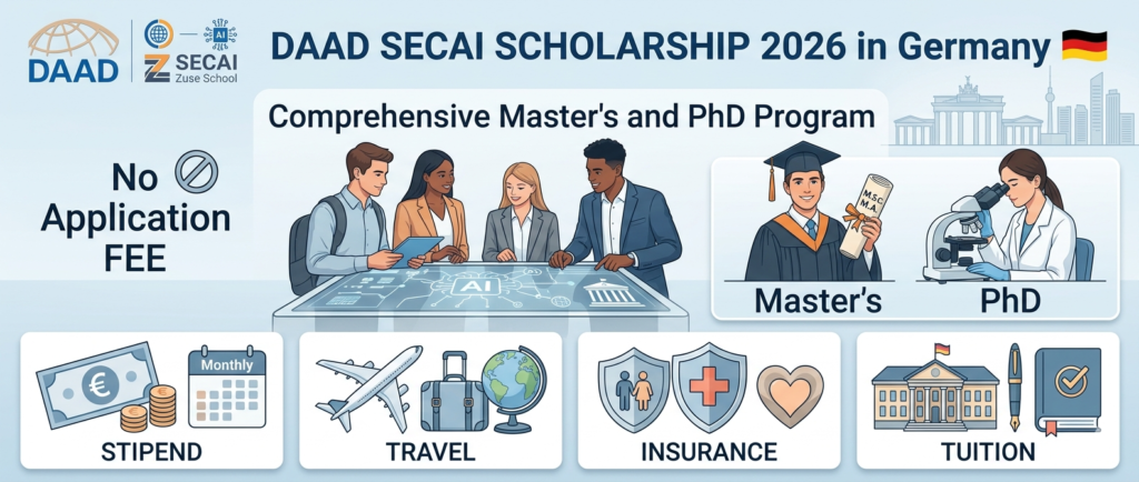 DAAD SECAI Scholarship 2026 in Germany (Fully Funded) No Application FEE! 1 DAAD SECAI Scholarship 2026 in Germany official banner showing comprehensive master's and PhD program features including monthly stipend, travel allowance, health insurance, and tuition waiver.