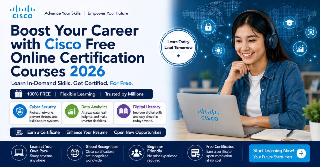 Cisco Free Online Certification Course 2026 (Free Certificates) 1 Cisco free online certification course 2026 official banner and learning paths.